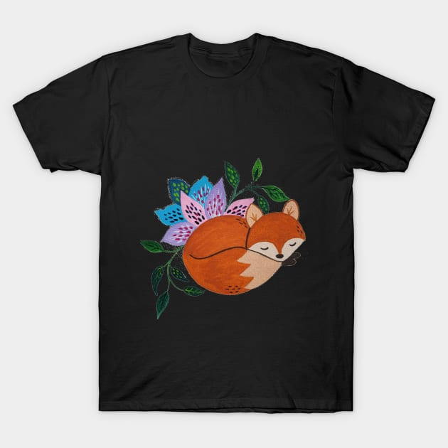 Little Fox and Floral Pattern in Acrylic Style T-Shirt by Starlight Tales